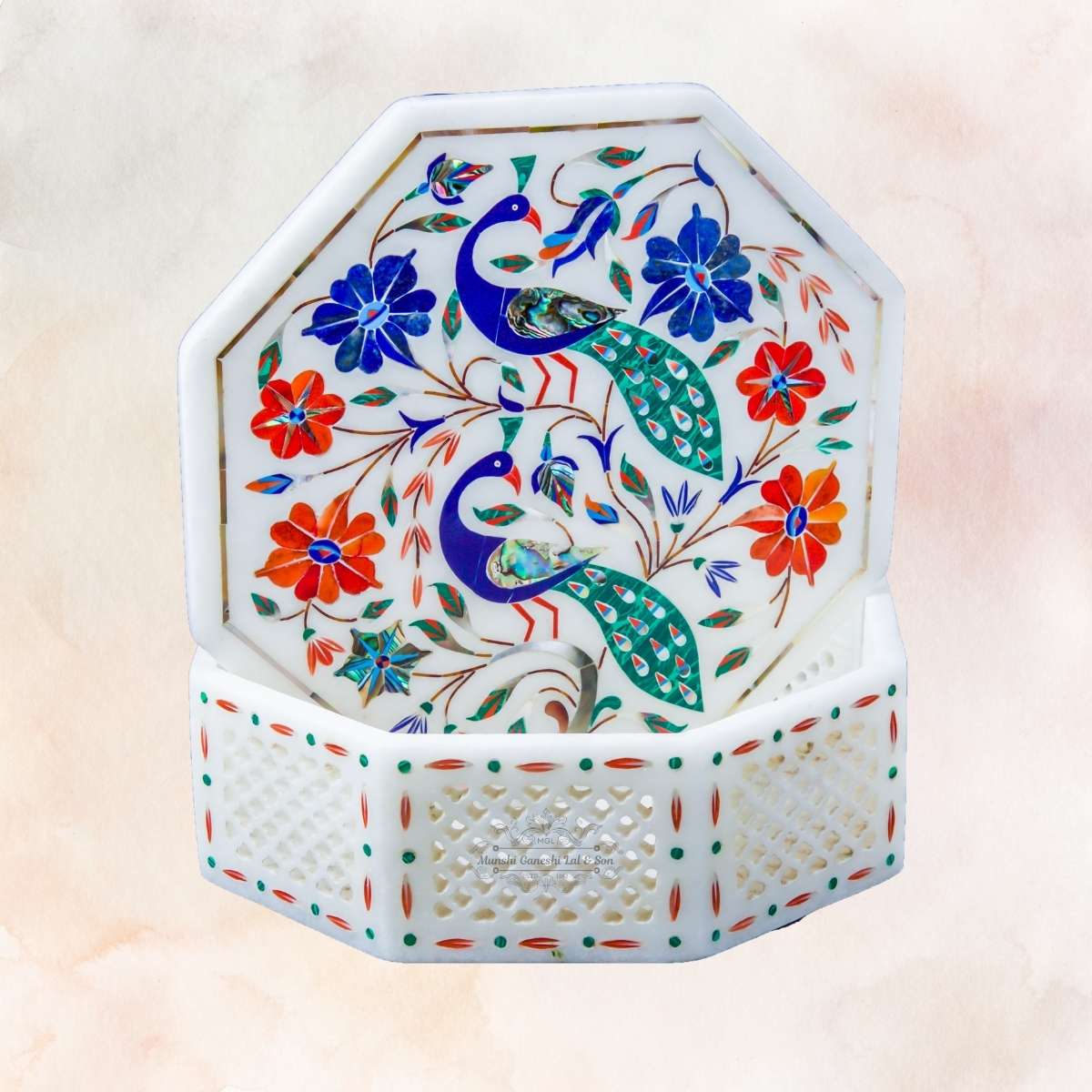 Peacock Designed Marble Octagon Shape Jewellery Box